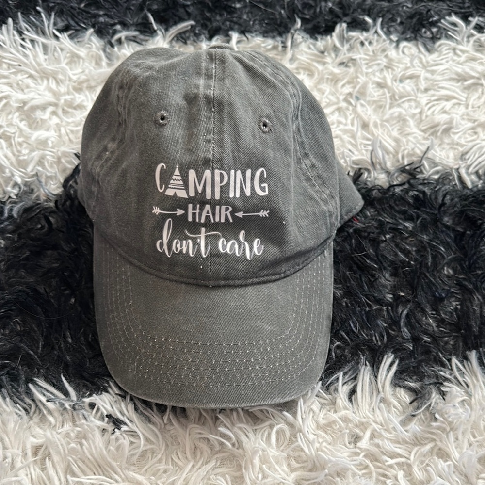 Women’s Gray Camping Hair Don't Care Baseball Cap, One Size